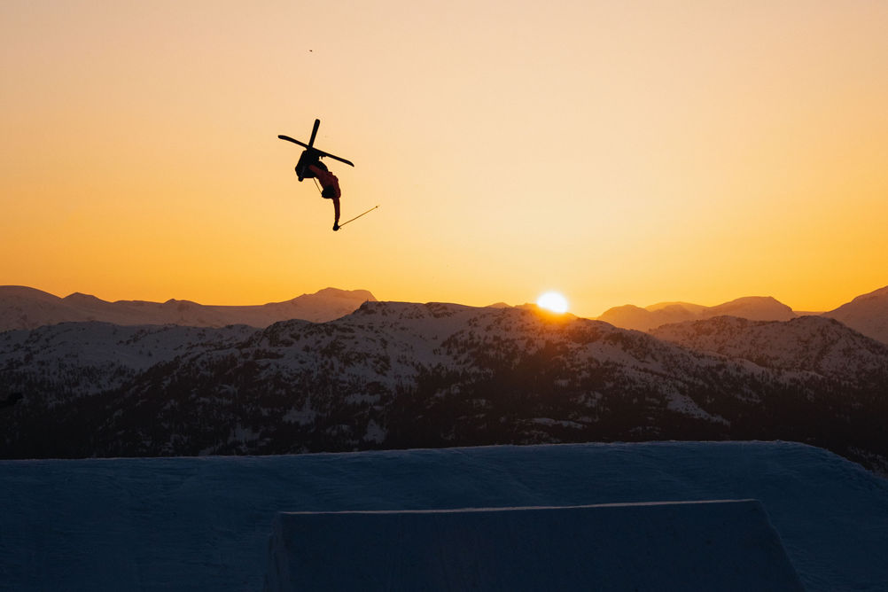Dramatic Sunset View of Snowboarder at Whistler Blackcomb Terrain Park