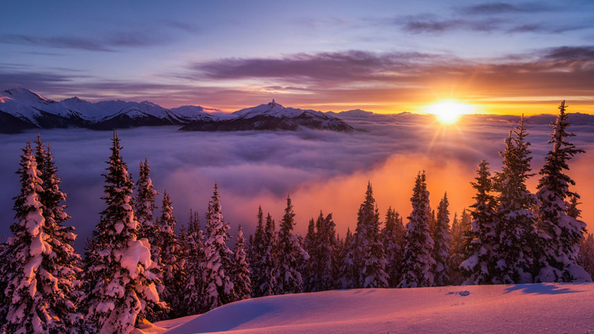 Wintery Sunrise at Whistler Blackcomb with Pink, Orange and Blue Tones