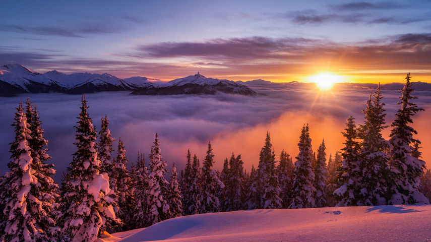 Wintery Sunrise at Whistler Blackcomb with Pink, Orange and Blue Tones