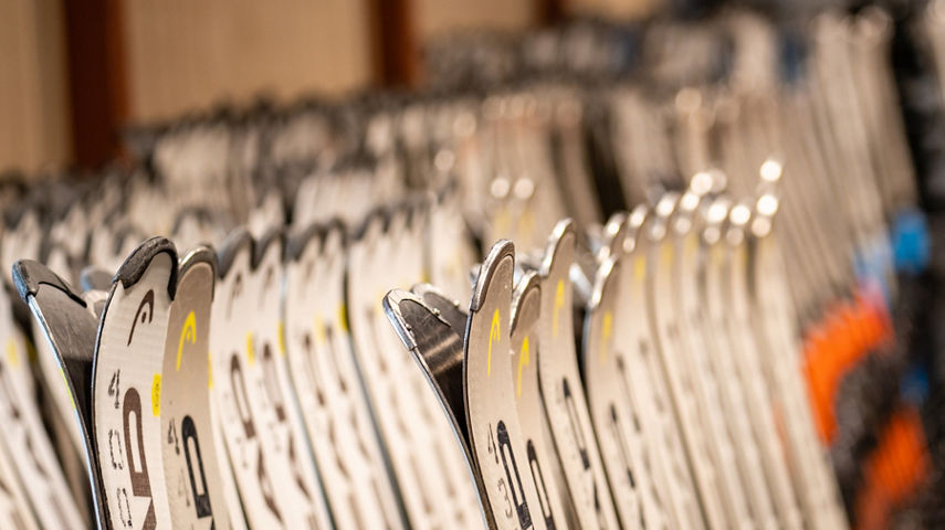 Skies Lined Up at Alpine Valley Rental Shop