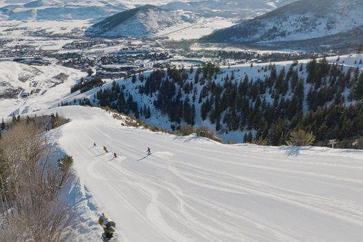 Aerial Shot of Skiers Skiing Down a Trail at Park City