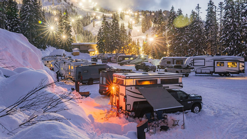 Scenic Shot of Stevens Pass RV Lot at Night