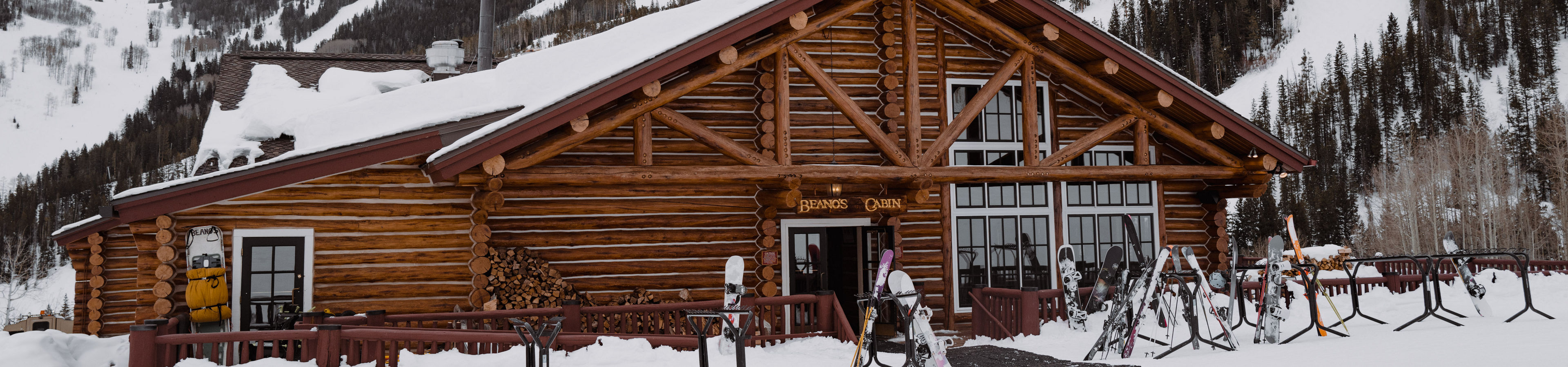 Beano's Cabin Exterior During Winter Time