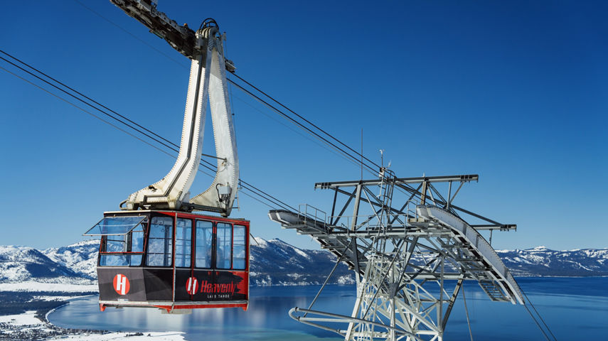 Gondola at Heavenly with Scenic View of Lake Tahoe in the Background During a Bluebird Morning