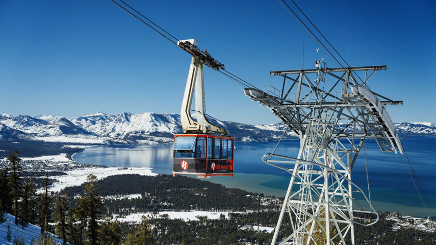 Gondola at Heavenly with Scenic View of Lake Tahoe in the Background During a Bluebird Morning