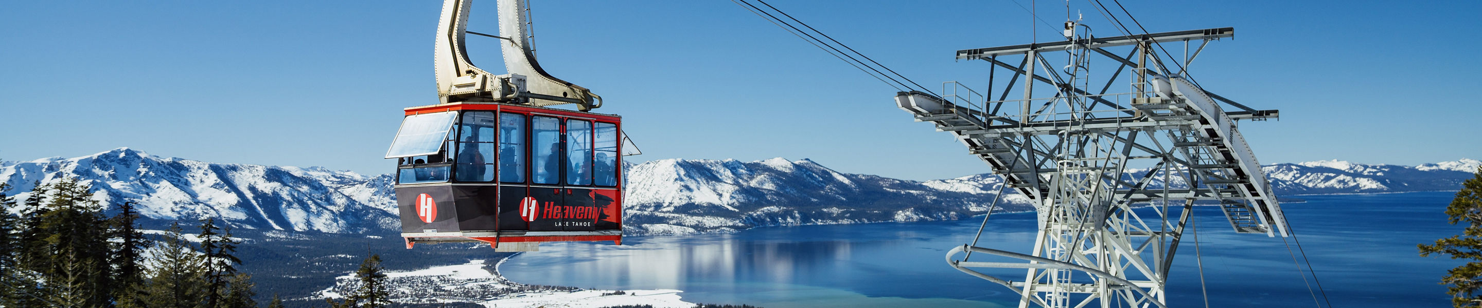 Gondola at Heavenly with Scenic View of Lake Tahoe in the Background During a Bluebird Morning