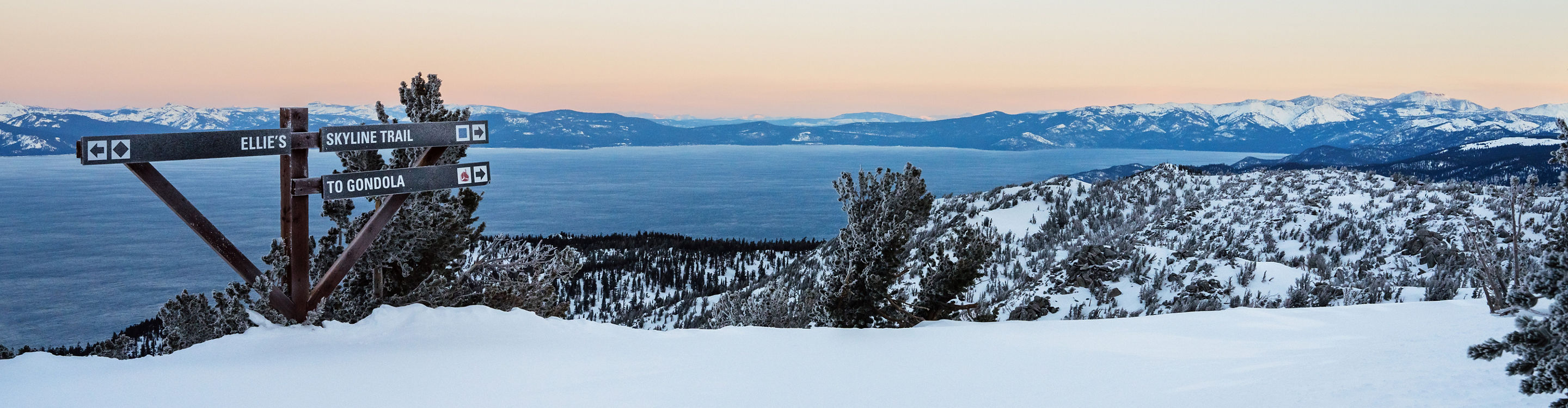 Scenic View of Lake Tahoe from Heavenly with Trail Wayfinding Signage in the Foreground