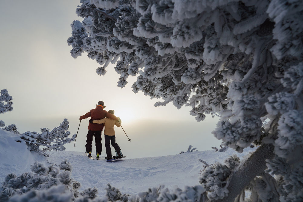Wintery Scene of Snow Covered Trees and a Skier and Snowboarder Embracing in a Side Hug at Heavenly