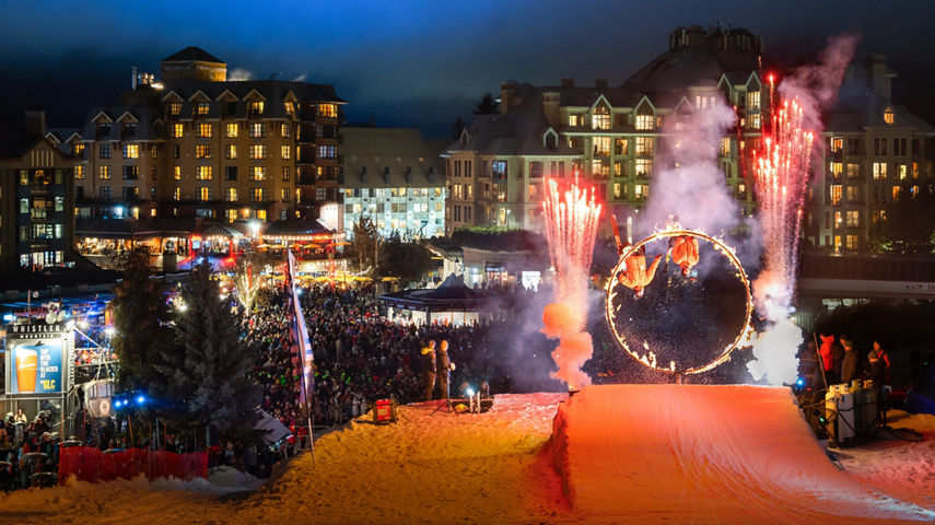 Two Skiers Do Backflip Through Flaming Hoop at Fire and Ice Event Hosted by Whistler Blackcomb