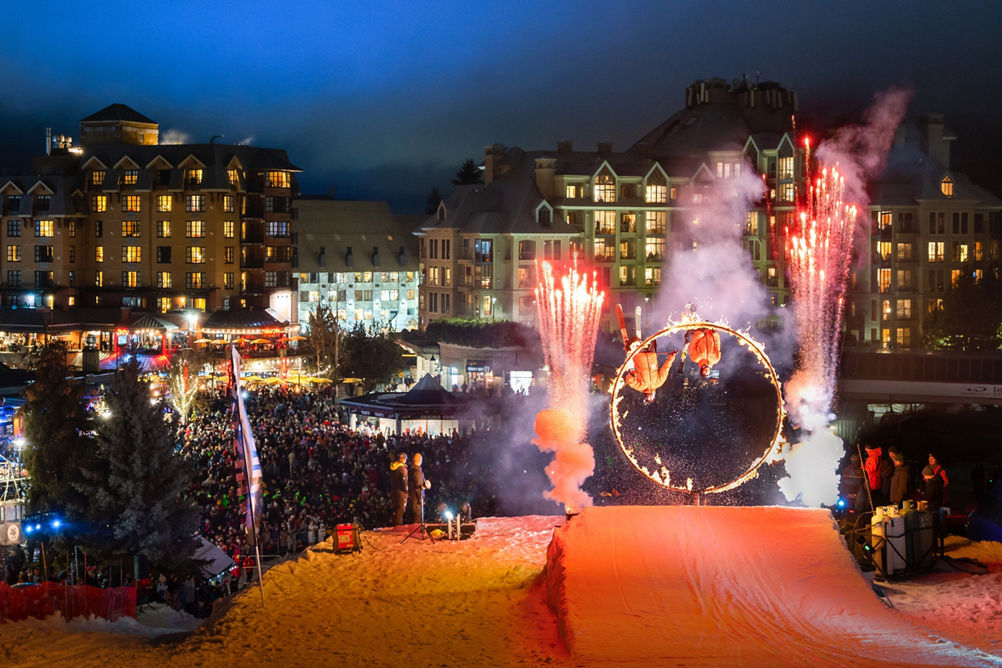 Two Skiers Do Backflip Through Flaming Hoop at Fire and Ice Event Hosted by Whistler Blackcomb