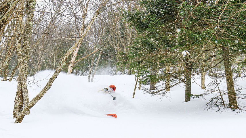 Skier Descends Mountain on a Powder Day at Stowe