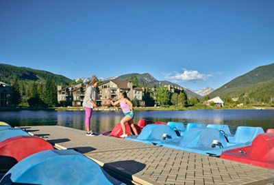 Family Walking Around Lakeside Village at Keystone on a Summer Day