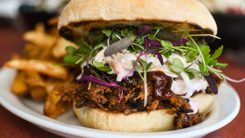 Pulled Pork Sandwich and Fries at Roundhouse Lodge at Whistler Blackcomb