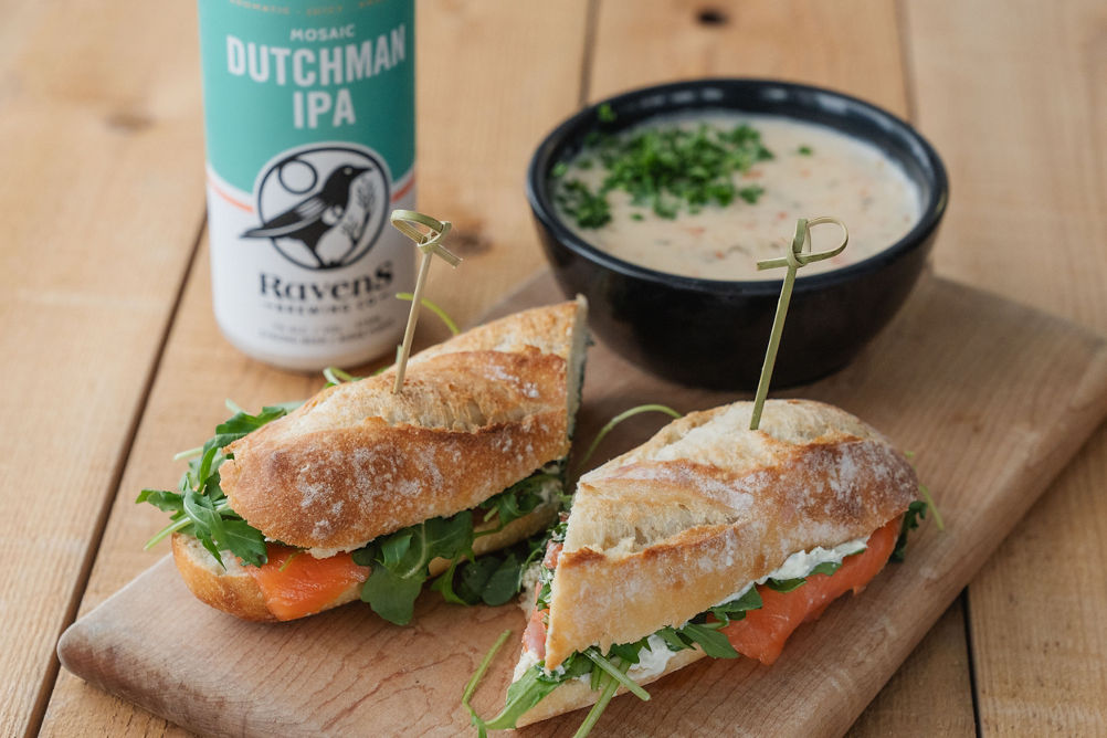 Whistler Blackcomb Raven's Nest Smoked Salmon Sandwich with Side of Salmon Chowder and Dutchman IPA