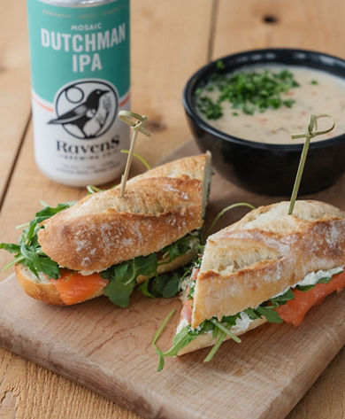Whistler Blackcomb Raven's Nest Smoked Salmon Sandwich with Side of Salmon Chowder and Dutchman IPA