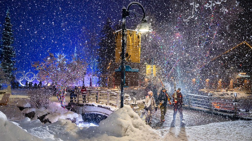 Resort Guests Stroll Whistler Blackcomb Village at Night
