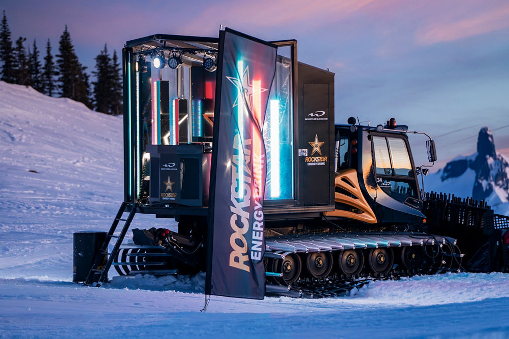 Rockstar DJ Cat Set on Snowcat at Whistler Blackcomb