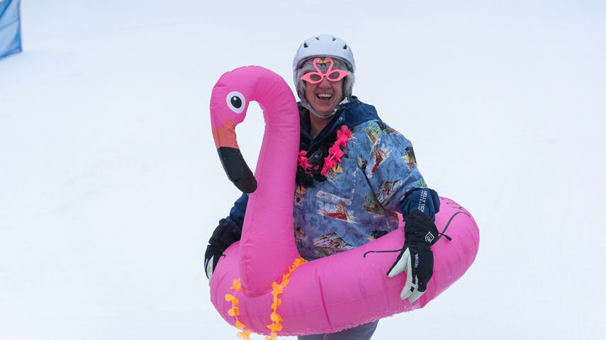 Resort Guest Wearing Flamingo Tube on Slopes at Jack Frost Big Boulder