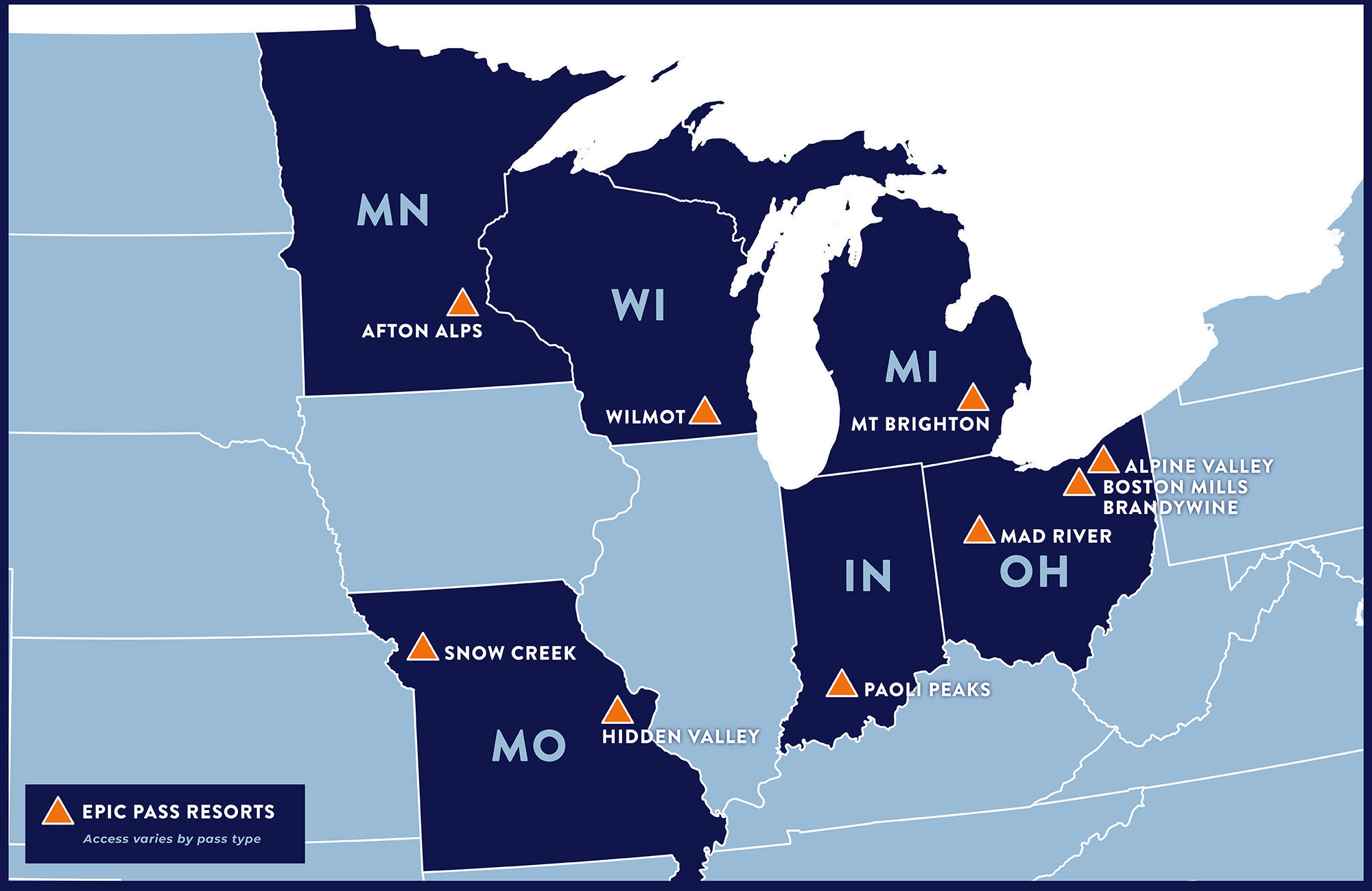 map of the Midwest ski resorts