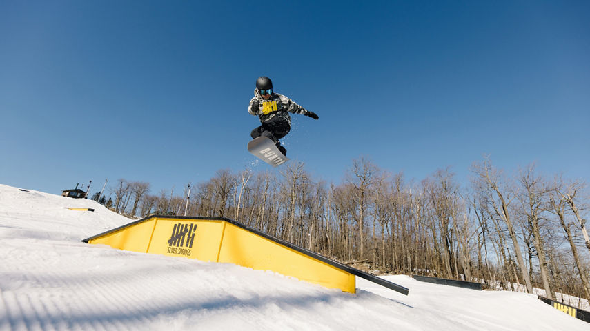 Snowboarder Dialed In at Seven Springs Terrain Park
