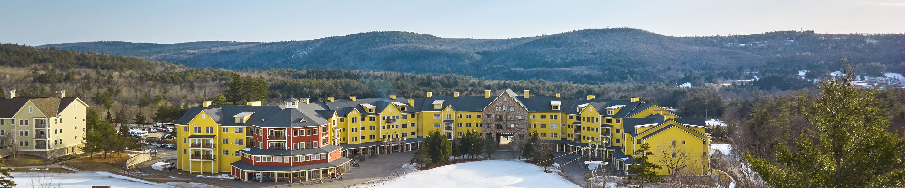 Aerial View of Snowy Jackson Gore Village at Okemo