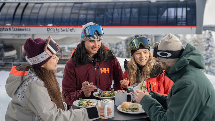 Group of Friends Sit Outside for Lunch at Whistler Blackcomb Raven's Nest