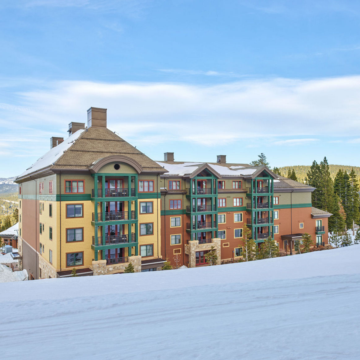 Snowy Spring Exterior of Constellation Residences at Northstar