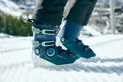 Close Up of K2 Anthem Ski Boots on Groomed Snow at Beaver Creek