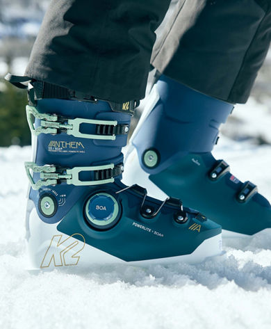 Close Up of K2 Anthem Ski Boots on Groomed Snow at Beaver Creek