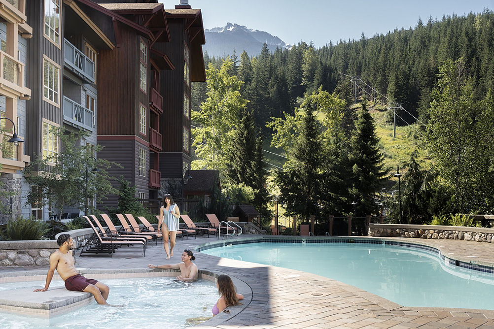 Friends Enjoying a Summer Pool Day at Whistler Blackcomb Legends
