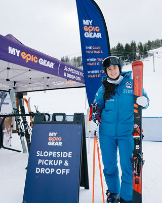 Athlete Ambassador Jacqueline Wiles Posing with Rental Skis at My Epic Gear Slopeside Pickup Location at Beaver Creek