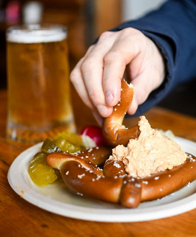 Pretzel and Hummus with a Beer at Horstman Hut at Blackcomb Mountain