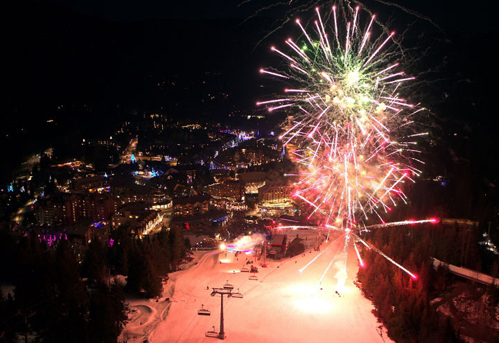 Aerial View of Fireworks Show Over Whistler Mountain