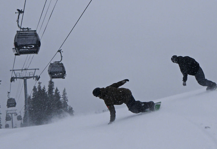Snowboarders Riding in Heavy Snow Near Gondola
