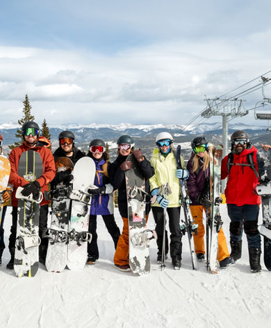 Group of Friends with Ski and Snowboard Gear at Breckenridge