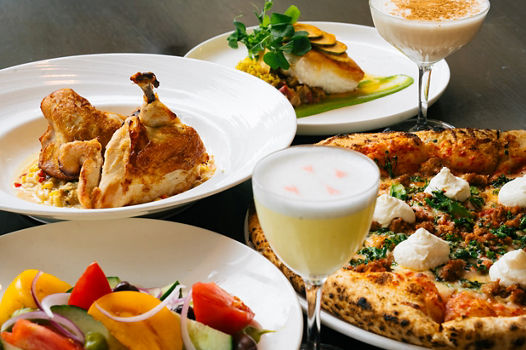Greek Salad Starter, Half Chicken, and Pan Seared Halibut Entrees with Drinks at Citrea