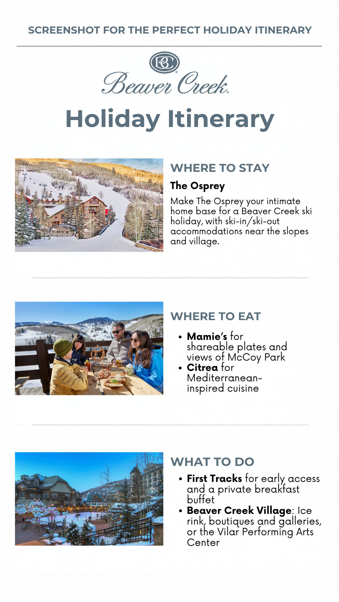 Beaver Creek Winter 2026-2027 Holiday Itinerary