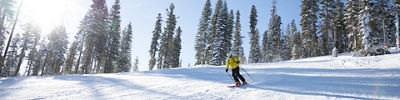 Skier on trail under beautiful bluebird skies.