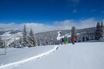 Skiers tour on a powder day in the off season at Vail Resort
